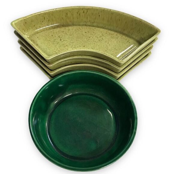 Speckled Avocado Emerald Green Glazed Ceramic Round Section Dish Serveware  Set - Picture 9 of 15
